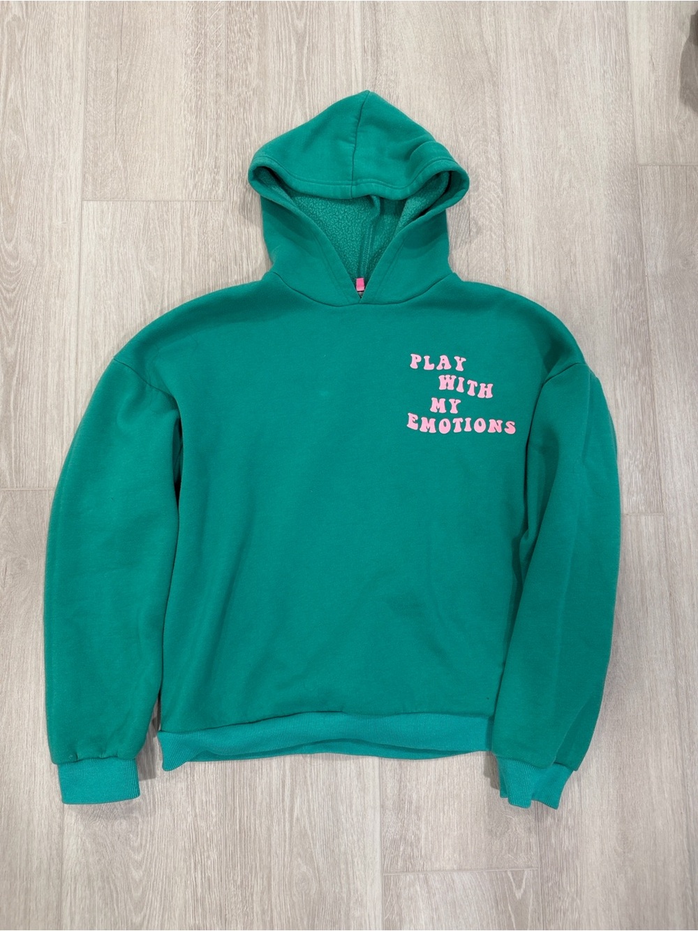 Edikted Teal Crewneck Hoodie with Pink Chest Text women’s medium